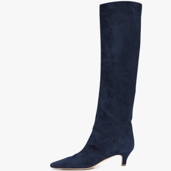 Navy Women Square Toe Knee High Boot Slip On Kitten Low Heel Elegant Winter Shoe - Picture 1 of 8